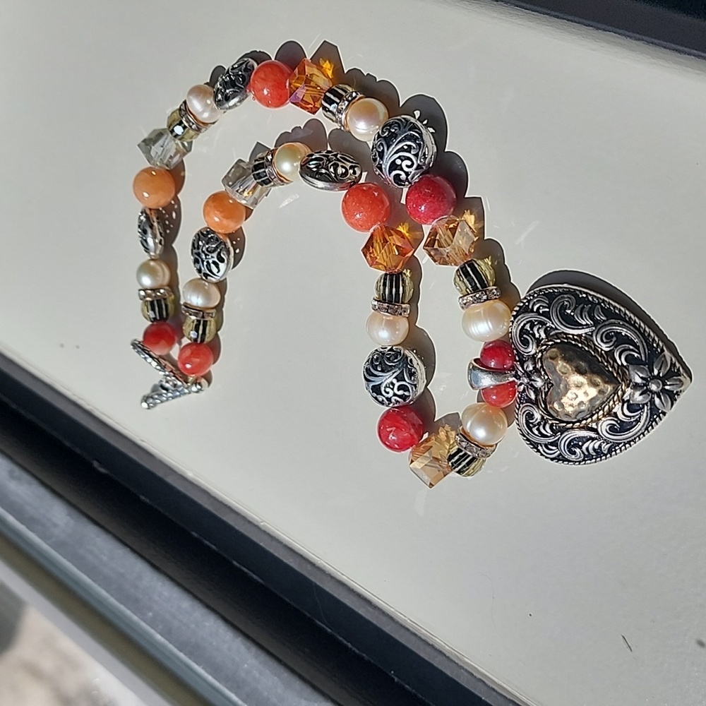 Orange cystalite necklace and earring set with silver findings and heart pendant